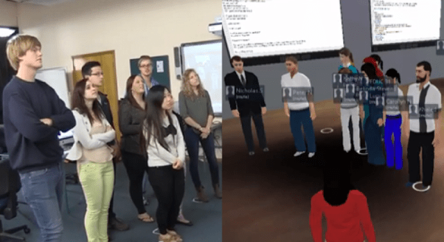 Students in the face-to-face classroom interacting with students in the virtual world